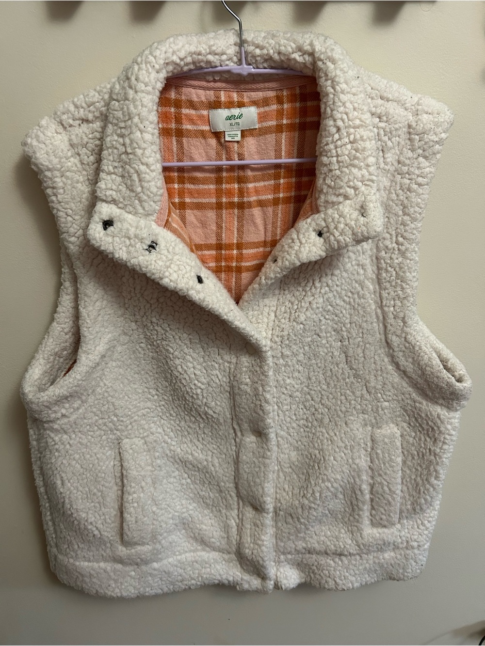aerie Cream Sherpa Vest with Orange Plaid Lining